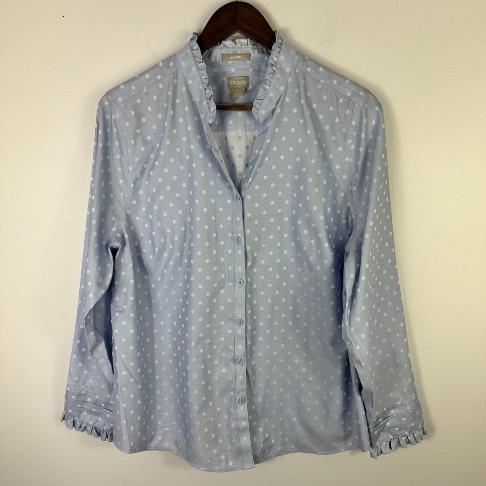 Chicos Button Down‎ Shirt Womens 2 Blue Polka Dot Long Sleeve Ruffle No Iron